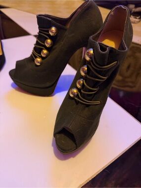 Christian Louboutin Olive Green Peep-Toe Platform Booties with Gold Buttons